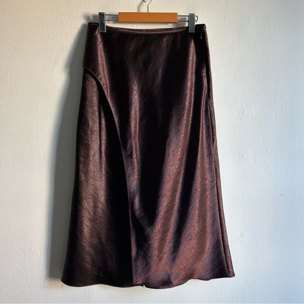 H&M Sz 10 Wrap over Brown Satin Midi Skirt
